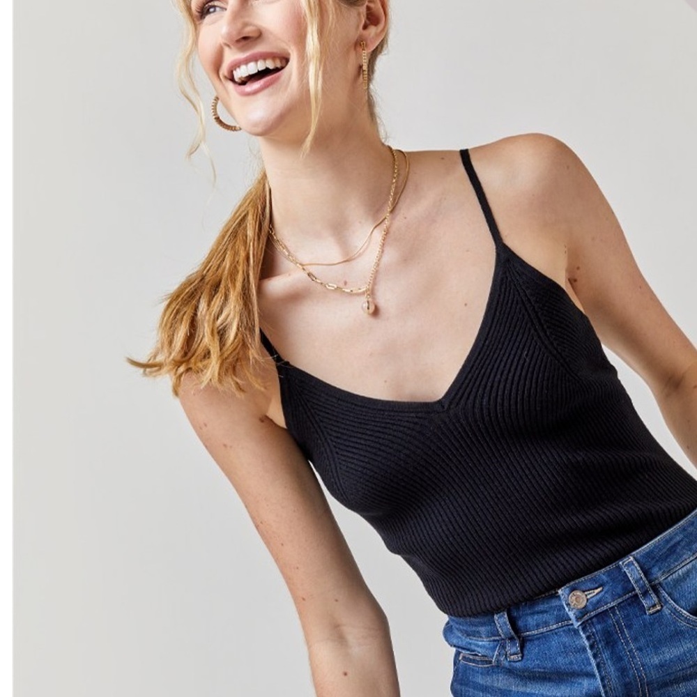 Black Luna V-Neck Ribbed Knit Bodysuit from Francesca’s
